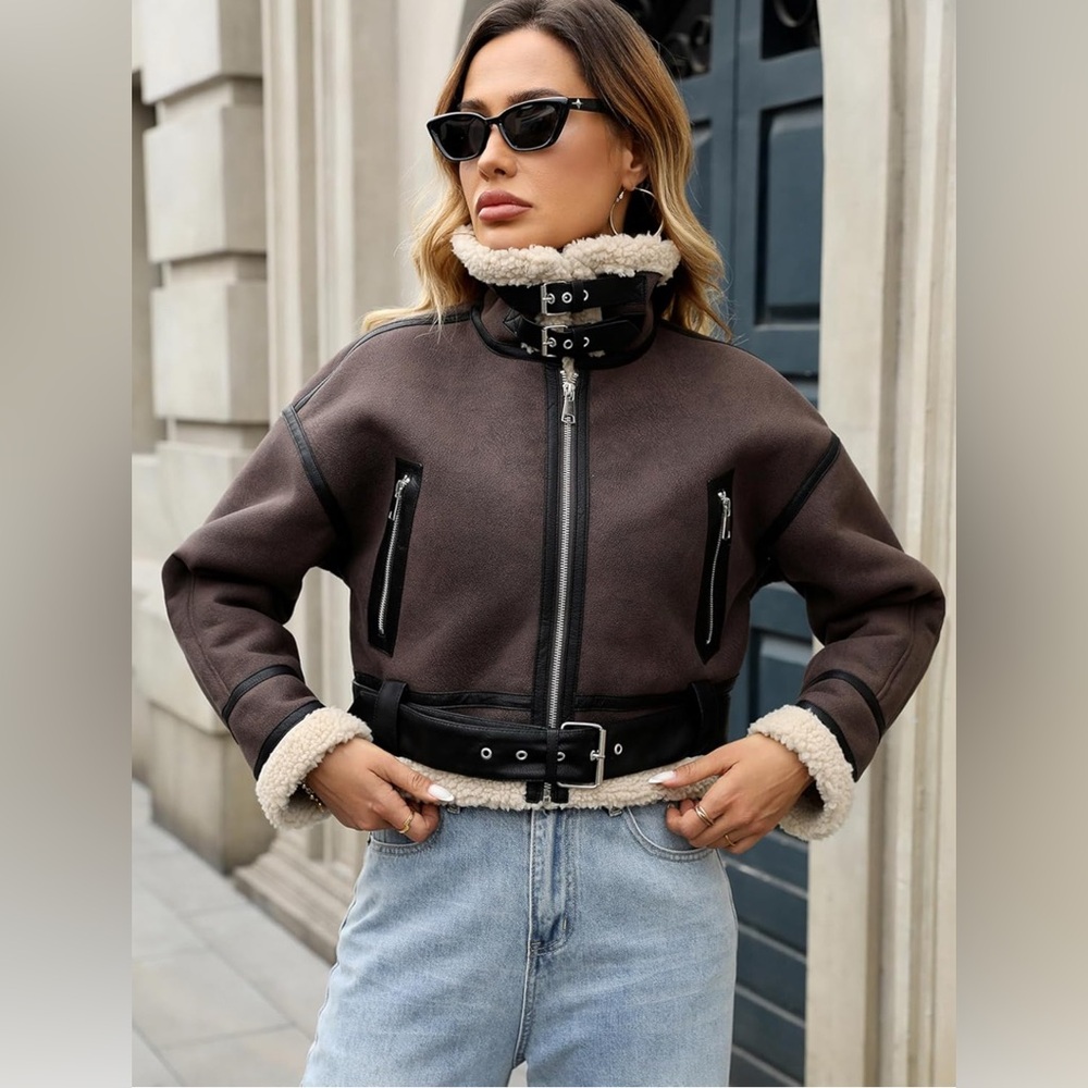 LY VAREY LIN Winter Faux Lamb Fur Leather Short Jacket Lapel Zipper Bomber Coat